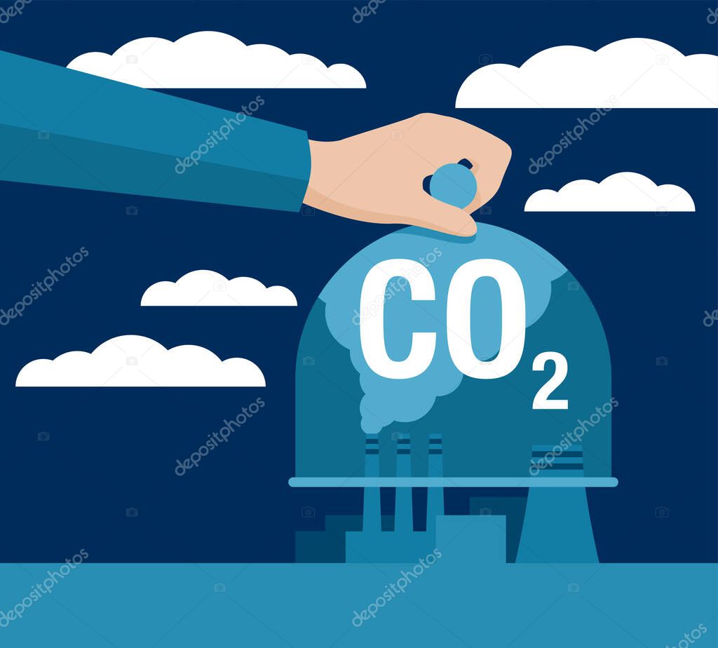 Carbon Capture Technology research - net CO2 footprint neutralize development strategy. Vector illustration with metaphor - domed glass dish in hand catching harmful cloud