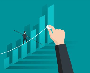 Business growth and professional strategy profit concept - businessman walks thriugh big chart as a tightrope walker - isometric conceptual illustration for banner or poster