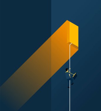 Business growth and professional strategy concept - businessman climbing a rope to the window - isometric conceptual illustration for banner or poster. Vector illustration
