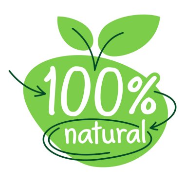100 percents natural, organic and GMO free product cute badge - sticker for hundred percent healthy food, vegetarian nutrition in leaf shape