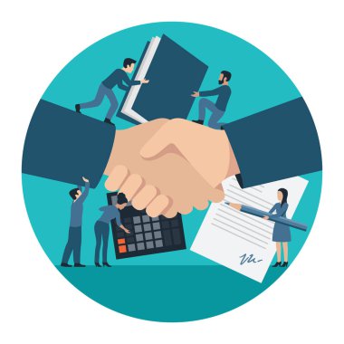 Business team, work and management - group of people with handshake, contract documents, gears an calculator. Vector illustration