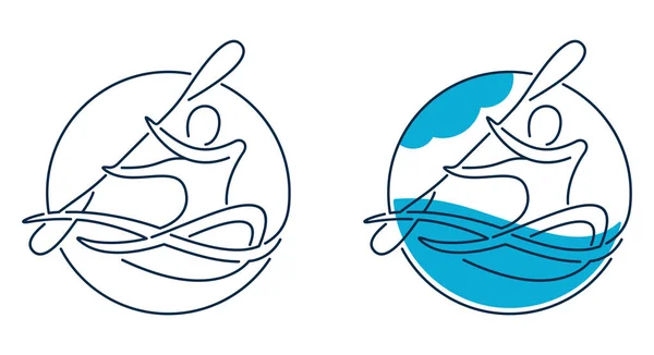 Canoeing Logo Kayaking Sport Emblem Thin Line Person Silhouette Rowing — Stock vektor