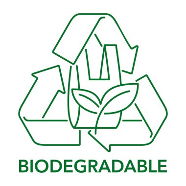 Biodegradable sign in thin line - packet turns to plant branch - eco friendly compostable material production - environment protection emblem