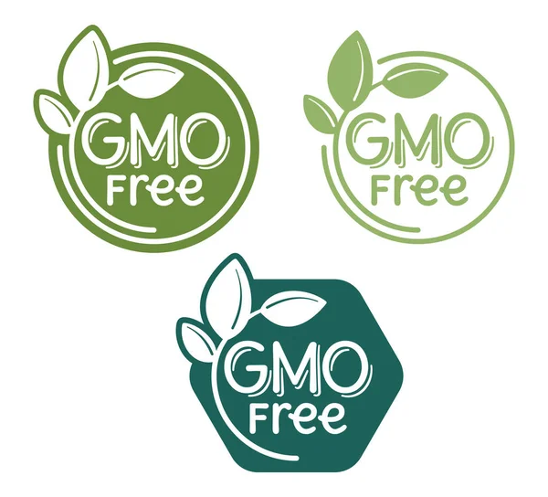 Gmo Free Calligraphic Green Badges Leaf Text Non Gmo Products — Stock Vector