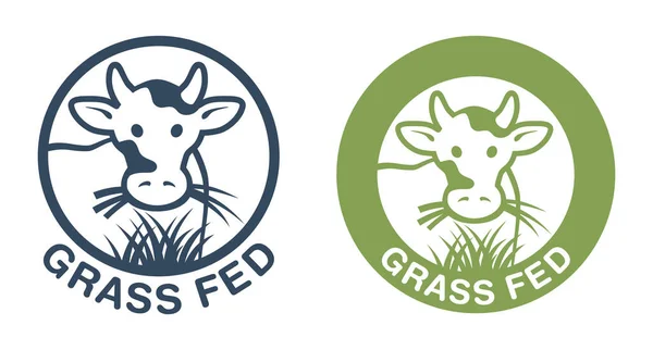 Grass Fed Sticker Beef Labeling Cow Chewing Grass Circular Stamp — Stock Vector