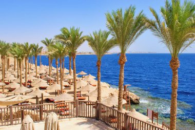 Güneş şemsiyeli Idylic Otel plajı, Kızıl Deniz, Mısır