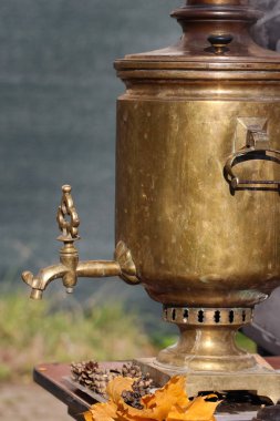 Geleneksel Rus çay partisi, Samovar 'a yakın plan park yapraklı masa.
