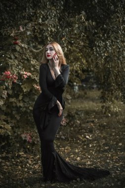 Siyah elbiseli cadı, Cadılar Bayramı konsepti, parti fikirleri, koyu renk gotik elbiseli mükemmel kadın.