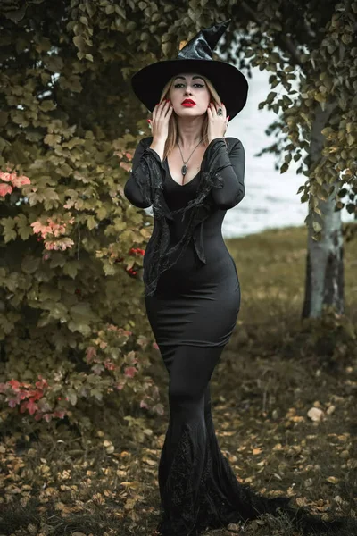 Bruxa Vestido Preto Conceito Halloween Ideias Para Festa Senhora Perfeita — Fotografia de Stock