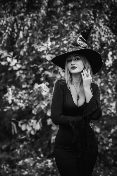 Bruja Vestido Negro Concepto Halloween Ideas Para Fiesta Dama Perfecta — Foto de Stock