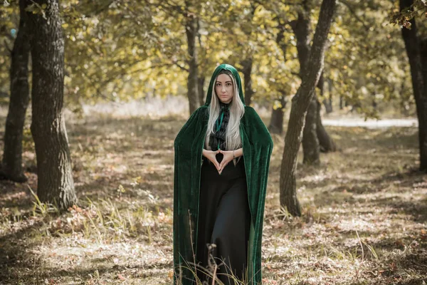 暗い神秘的な森 パーティーのためのハロウィーンのアイデア 女性のための衣装 ウィザードと魔法の概念 — ストック写真