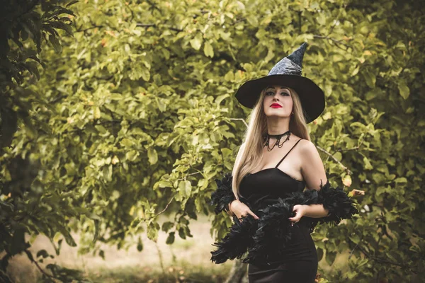 ハロウィンパーティーのコンセプト 黒のドレスの謎の少女 美しい若い闇の魔女の女 ハロウィーンのお祝い アイデアやシンプルな素敵な詳細のためのインスピレーション — ストック写真