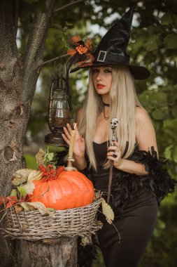 Cadılar Bayramı partisi konsepti, siyah elbiseli gizemli kız. Güzel, genç, karanlık cadı kadın. Cadılar Bayramı kutlamaları için ilham, fikirler ve basit detaylar.