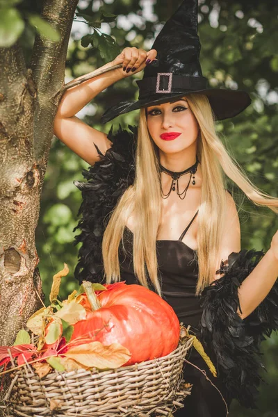 Halloween Party Koncepcja Tajemnicza Dziewczyna Czarnej Sukience Piękna Młoda Czarna — Zdjęcie stockowe