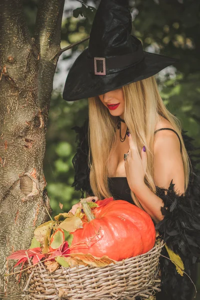 Conceito Festa Halloween Menina Misteriosa Vestido Preto Uma Bela Jovem — Fotografia de Stock