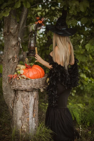 Conceito Festa Halloween Menina Misteriosa Vestido Preto Uma Bela Jovem — Fotografia de Stock
