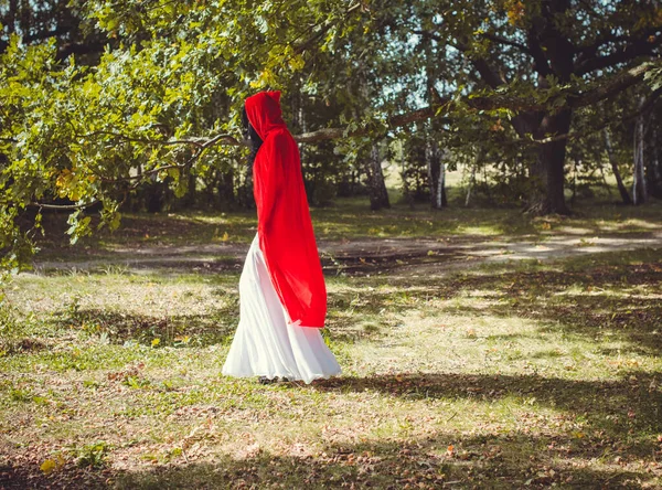 ハロウィンのコンセプト 華やかな衣装の詳細 森の中で若い美しいと神秘的な女性は 白いドレスと赤のクローク 小さな赤いフードや吸血鬼の物語 — ストック写真