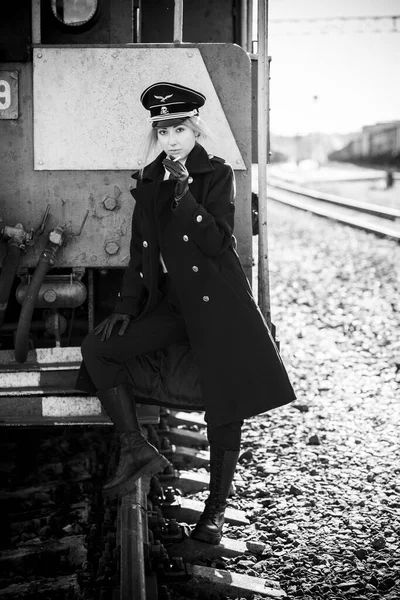 Donna Uniforme Militare Nera Stile Cosplay Della Guerra Mondiale Stile — Foto Stock