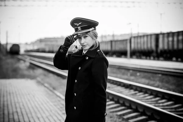 Kvinna Svart Militäruniform Stil Cosplay Världskriget Gotiska Lolita Stil Halloween — Stockfoto