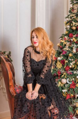 Noel zamanı zarif, genç, iri yarı, Avrupalı ya da Amerikalı bir bayan. Güzel bir tatil ortamı