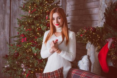 Noel ve Yeni Yıl, dekor ve ayrıntılar, sıcak atmosferdeki kadın, kış tatili kavramı.