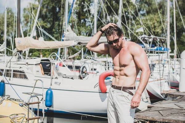 Sexy Bearded Man Standing Yacht Club Guy Sailing Boat Handsome — Stock Photo, Image