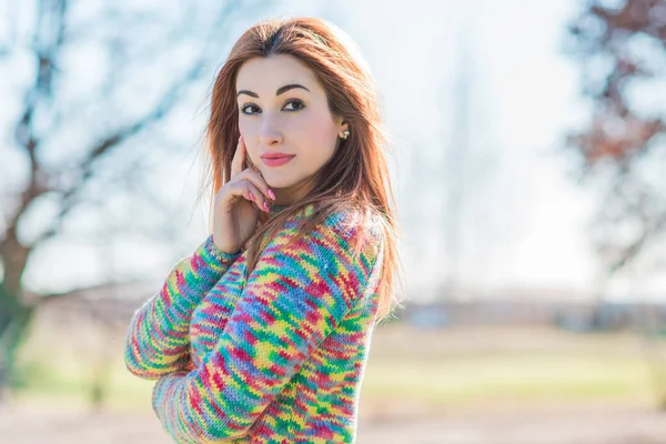 Woman Wool Coat Colorful Sweater Portrait Nice Lady City Park — Stock Photo, Image