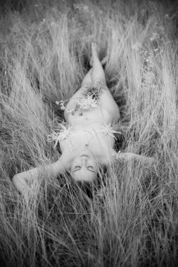 Çiçekler ve tarlada romantik bir kadın. Işıl ışıl akşam güneşi, Güzel Romantik Kız Açık Hava. Uzun saç üfleme. Sonbahar. Işıldayan Güneş, Gün ışığı. Sıcak renklerde tonlanmış.