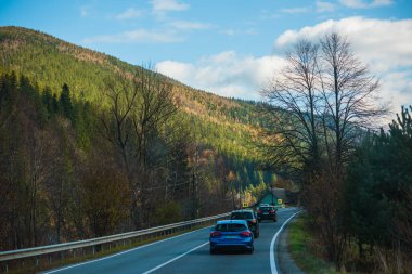 Orman ve dağlar yol manzarası, yolculuk ve seyahat kavramı