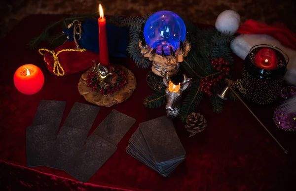 Winter Christmas Prediction Candle Tarot Cards Magical Esoteric Concept Astrology — Stock Photo, Image