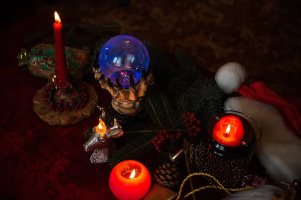 Predicción Navidad Invierno Una Vela Cartas Del Tarot Concepto Esotérico — Foto de Stock