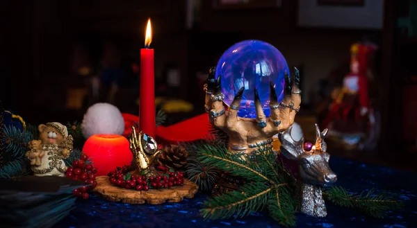 Winter Christmas Prediction Candle Tarot Cards Magical Esoteric Concept Astrology — Stock Photo, Image