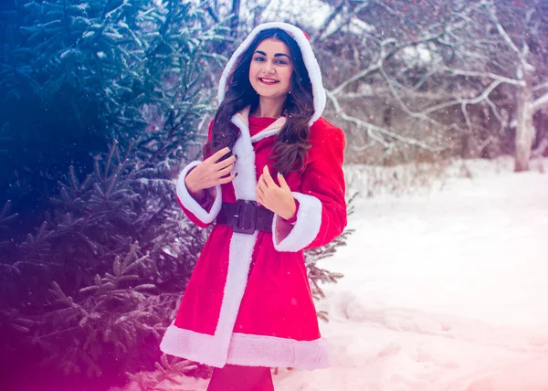 Genç Arap kadın kış günü, güzel bir Noel Baba ceketiyle karlı bir bahçede.