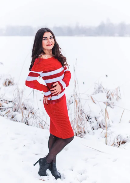 눈내리는 겨울날붉은 드레스를 머리를 아메리카 여성의 — 스톡 사진