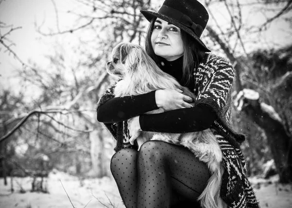 Vrouw Met Kleine Gouden Hond Dragen Blauwe Wol Jas Gebreide — Stockfoto