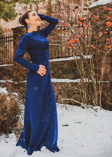 Mulher Árabe Elegante Vestido Azul Longo Jardim Nevado Conceito Feminilidade — Fotografia de Stock