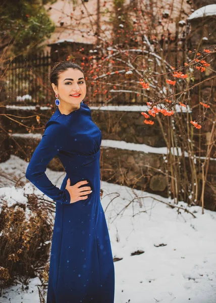 Elegante Araberin Langem Blauen Kleid Einem Verschneiten Garten Konzept Von — Stockfoto