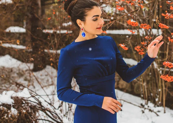 雪の庭で長い青いドレスを着たエレガントなアラビア人の女性 女性らしさと女性の恵みの概念 — ストック写真