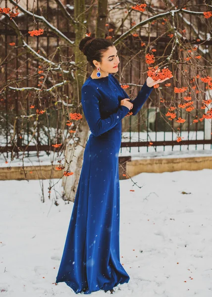 Mulher Árabe Elegante Vestido Azul Longo Jardim Nevado Conceito Feminilidade — Fotografia de Stock