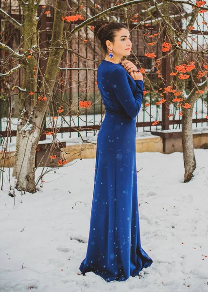 Karlı Bir Bahçede Uzun Mavi Elbiseli Zarif Bir Arap Kadın — Stok fotoğraf