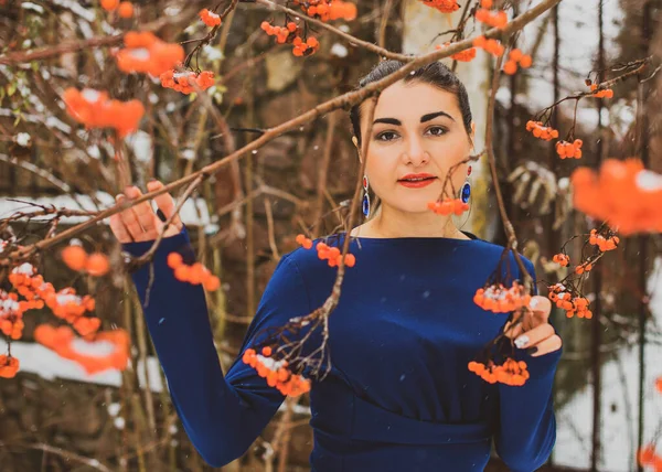Κομψό Αραβικό Γυναίκα Μακρύ Μπλε Φόρεμα Ένα Χιονισμένο Κήπο Έννοια — Φωτογραφία Αρχείου