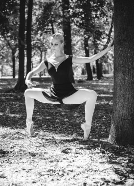 Şehir parkında dans eden balerin. Doğada şehvetli bir balerin. Sokaklardaki balerin. Balerin dışarıda, genç modern balerin poz veriyor.