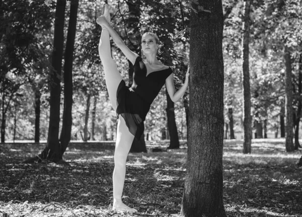 市内の公園でバレエダンサーのダンス 自然の中で官能的なバレリーナ 通りのバレリーナ バレリーナ アウト ドア若い現代バレエダンサーポーズ — ストック写真