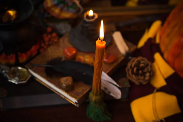 Magic Scene Mystical Atmosphere View Candles Table Esoteric Concept Fortune — Stockfoto