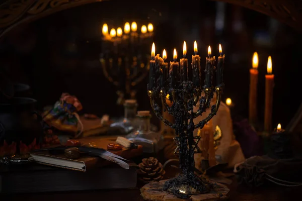 Magic Scene Mystical Atmosphere View Candles Table Esoteric Concept Fortune — Stockfoto