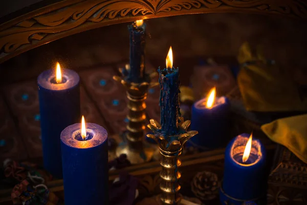 Magic Scene Mystical Atmosphere View Candles Table Esoteric Concept Fortune — Stock Photo, Image