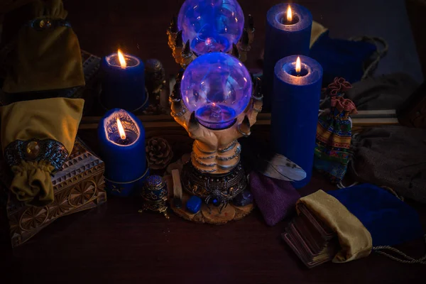 Magic Scene Mystical Atmosphere View Candles Table Esoteric Concept Fortune — Stock Photo, Image