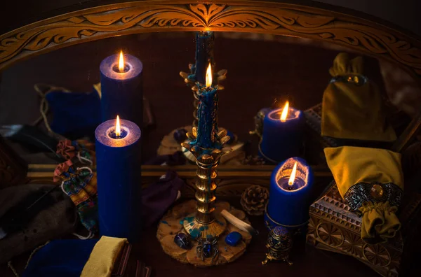 Candle Burns Altar Magic Candles Clean Energy Magical Concept — Fotografia de Stock