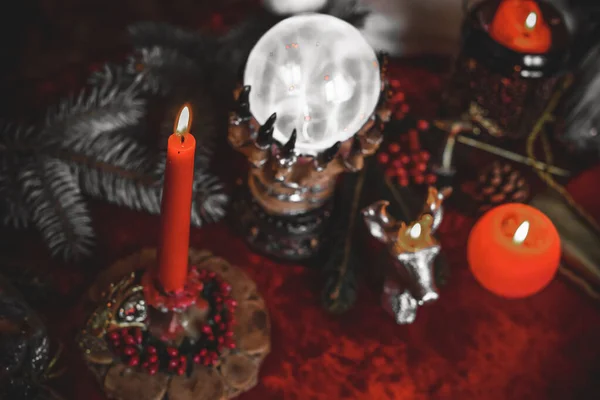 Concept Winter Christmas Divination Predictions Tarot Cards Candles Other Magic — Fotografia de Stock