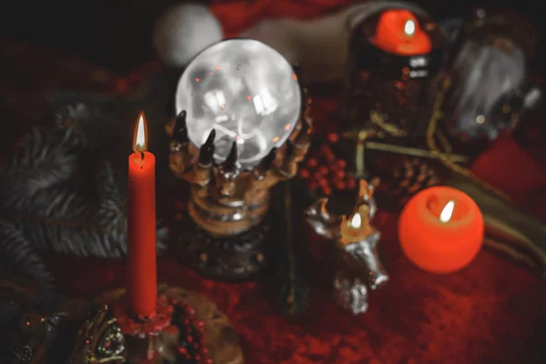 Concept Winter Christmas Divination Predictions Tarot Cards Candles Other Magic — 스톡 사진